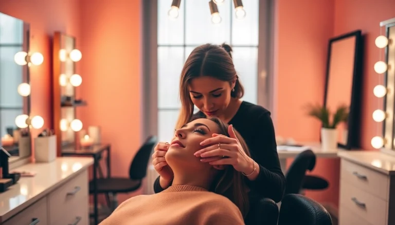 Client enjoying expert application of Roundrock Lash Extensions in a cozy, modern beauty studio.