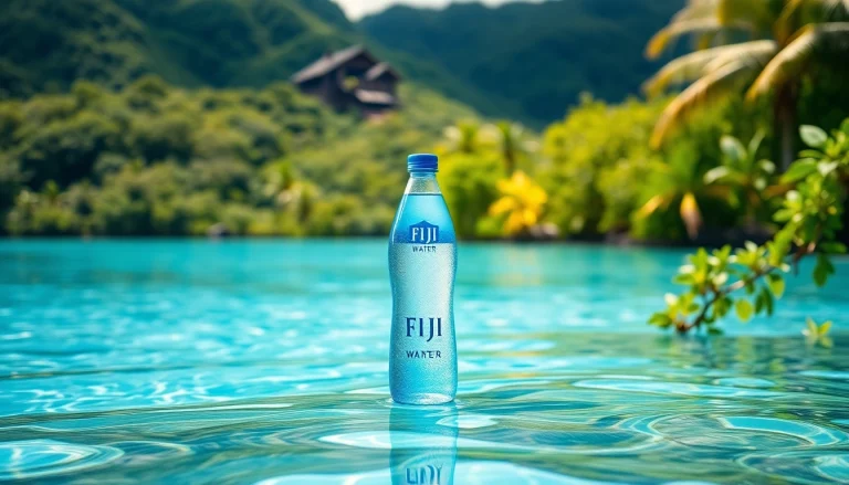 Enjoy Fiji Water, the natural artesian water sourced from Fiji, displayed in a picturesque tropical setting.