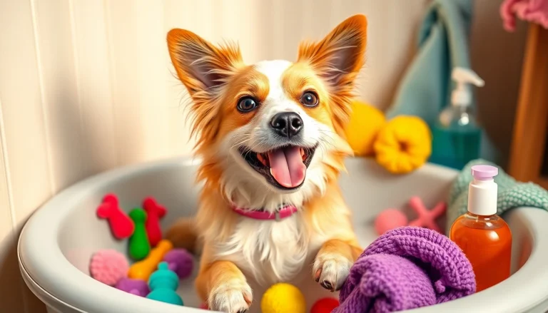 Pamper your pet with a joyful dog enjoying a soothing bath amidst vibrant grooming accessories.