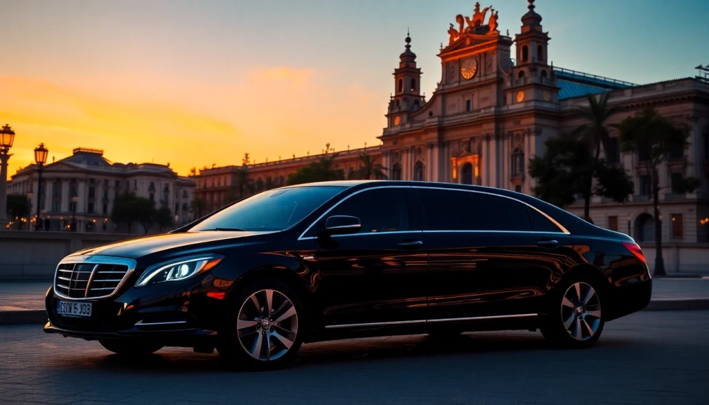 Luxury hire chauffeur Madrid showcasing a refined vehicle parked near a famous landmark in an elegant sunset setting.