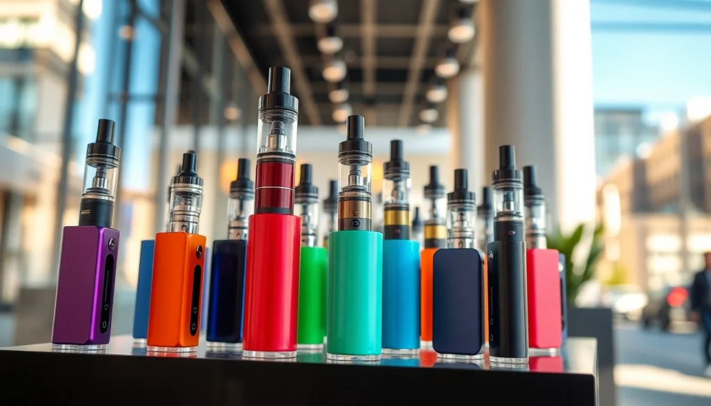 Showcasing vibrant dummy vapes lined up artistically with unique flavors and designs in an urban backdrop.