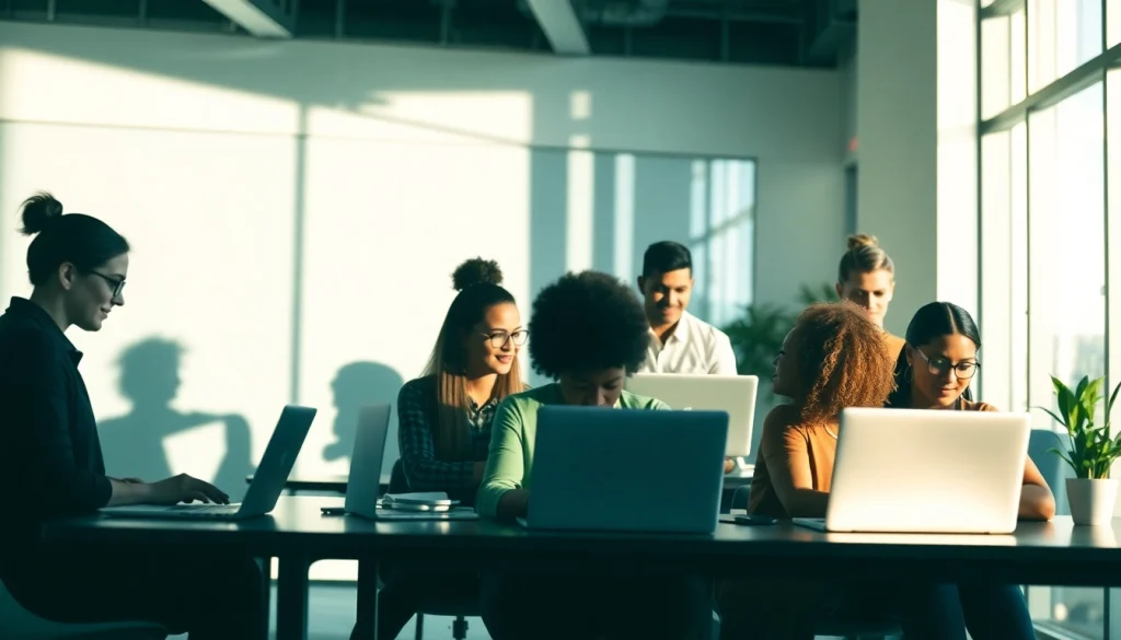 Shadow virtual professionals collaborating in a modern workspace with laptops.