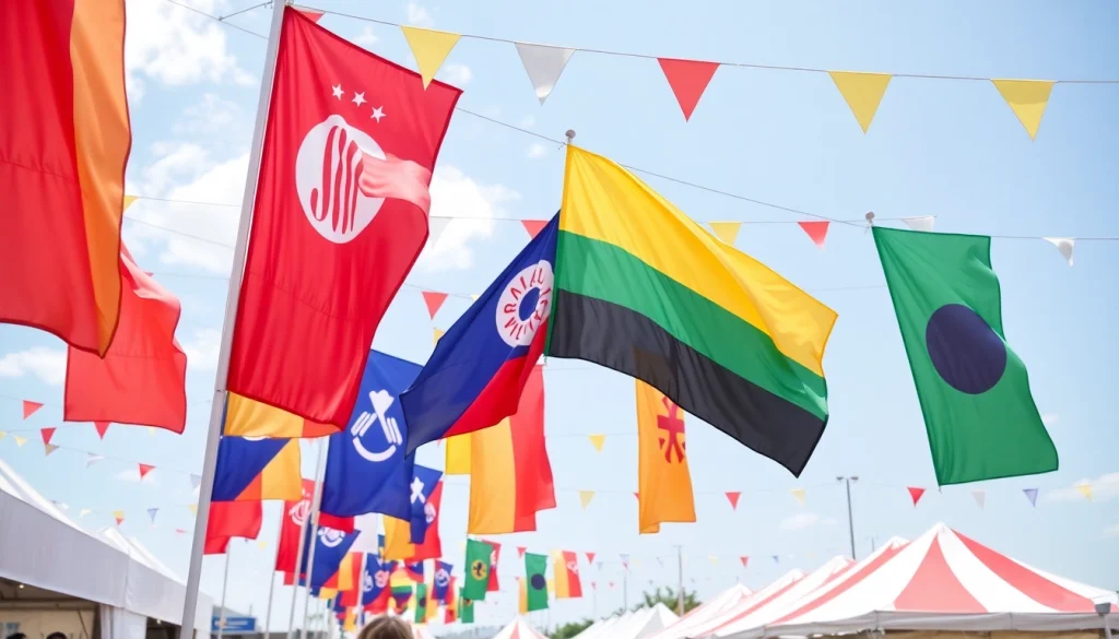 Custom flags Ireland showcased in a vibrant outdoor festival setting.