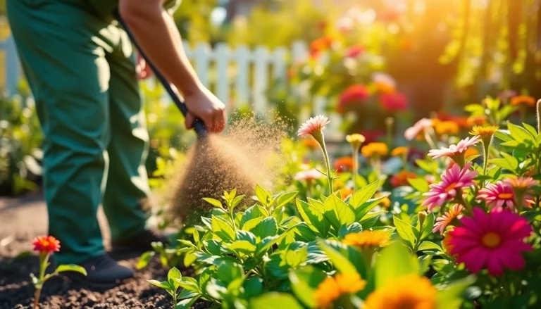 Gardener performing garden maintenance, surrounded by vivid flowers and lush greenery for a beautiful landscape.