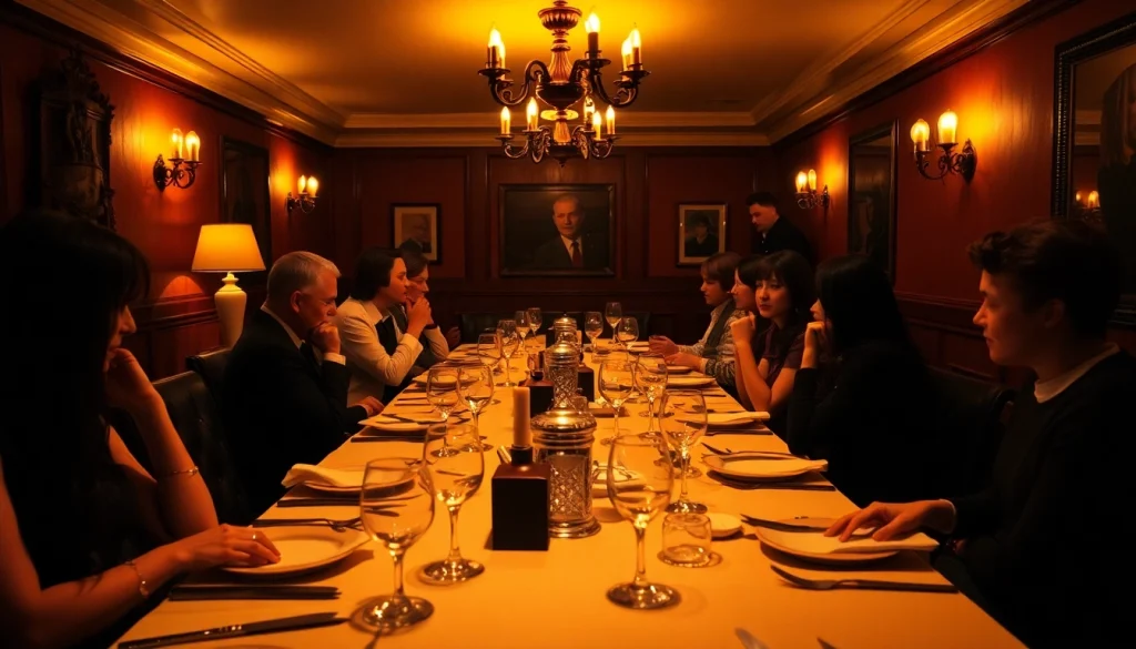 Enjoy a thrilling krimidinner berlin experience with guests solving a mystery over a fine dining setup.