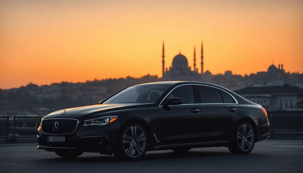 Experience luxury private car service ISTANBUL with our elegant black sedan against the stunning skyline.