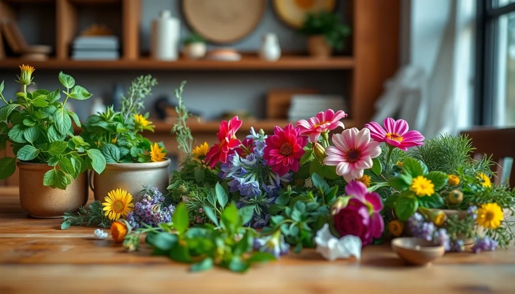 Showcase an Alternative Smoking Blend, featuring herbs and flowers arranged appealingly on a rustic table.