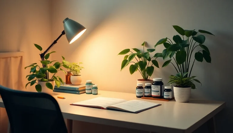 Nootropics supplements on a desk surrounded by plants in a cozy, bright study environment.