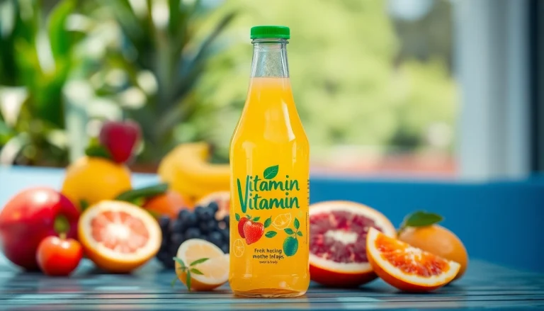 Refreshing vitamindrink in a clear bottle surrounded by fresh fruits for a vibrant, healthy lifestyle.