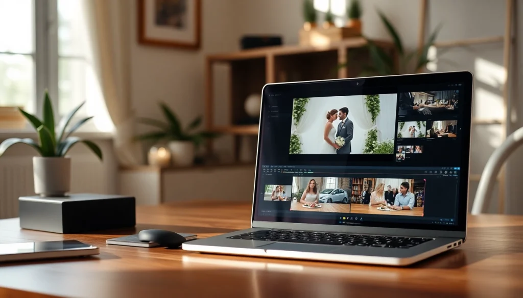 Creative workspace for Wedding or Event Video Editing featuring a laptop displaying edited wedding video.