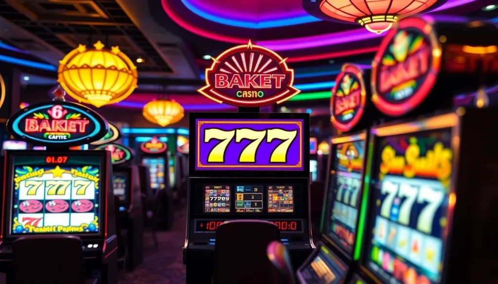 Play สล็อต777 with exciting slot machines in a vibrant casino filled with lights and action.