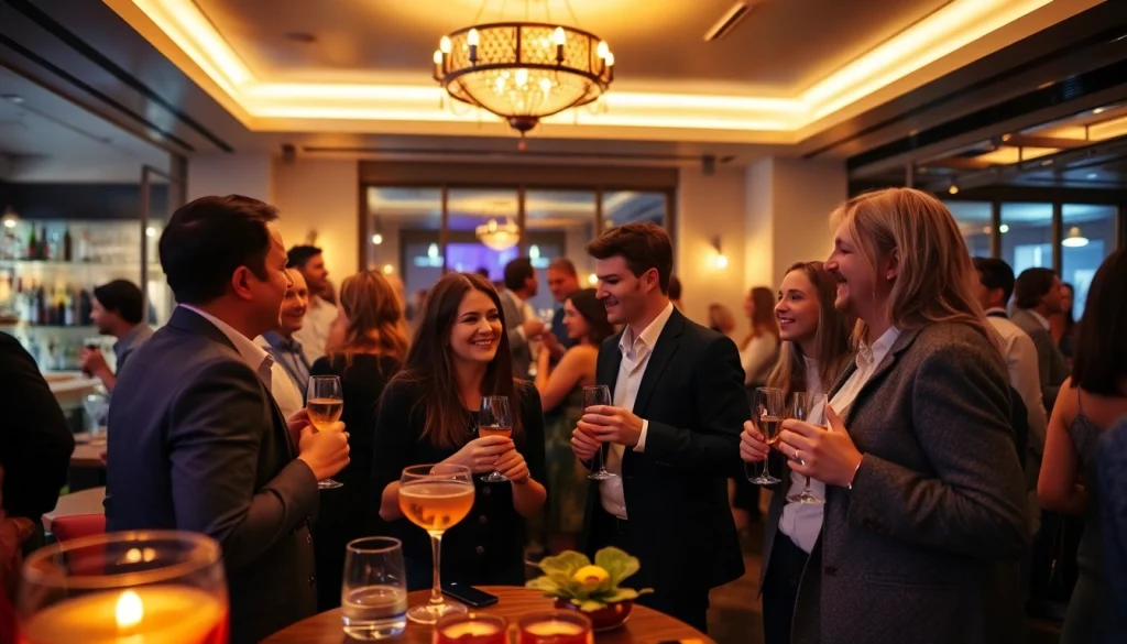 Guests enjoying a Unique Berlin Events after-work party with stylish decor and vibrant cocktails.