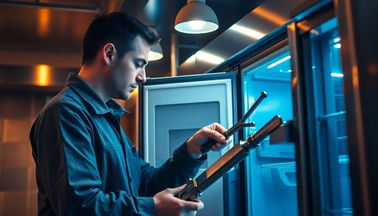 Technician performing commercial refrigerator repair in a kitchen environment.