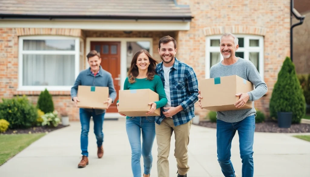 Families enjoying home removals in West Yorkshire, surrounded by boxes and a warm, welcoming atmosphere.