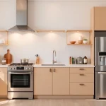 Showcase affordable kitchen appliances with modern design and energy-efficient features in a stylish kitchen.