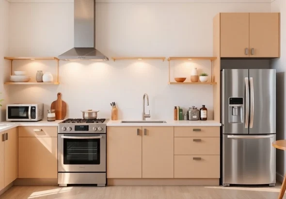 Showcase affordable kitchen appliances with modern design and energy-efficient features in a stylish kitchen.