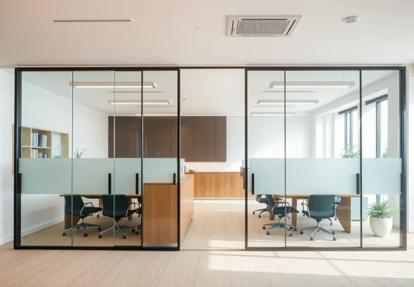 Showcasing movable glass partitions enhancing space aesthetics and functionality in a modern office environment.