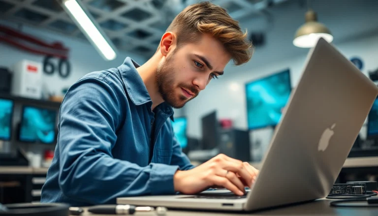 Riparazione computer settimo torinese da parte di un tecnico esperto su un laptop in un laboratorio moderno.