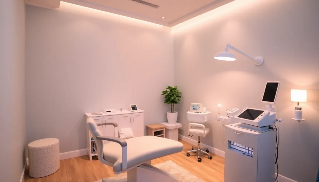 Behandlung der Haut mit professioneller Ausstattung in einem modernen Behandlungsraum für ästhetische Medizin.