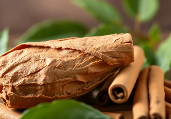 Detail of Cinnamon Bark surrounded by cinnamon sticks, showcasing its texture and natural warmth.