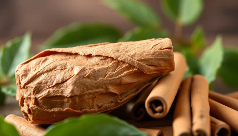 Detail of Cinnamon Bark surrounded by cinnamon sticks, showcasing its texture and natural warmth.
