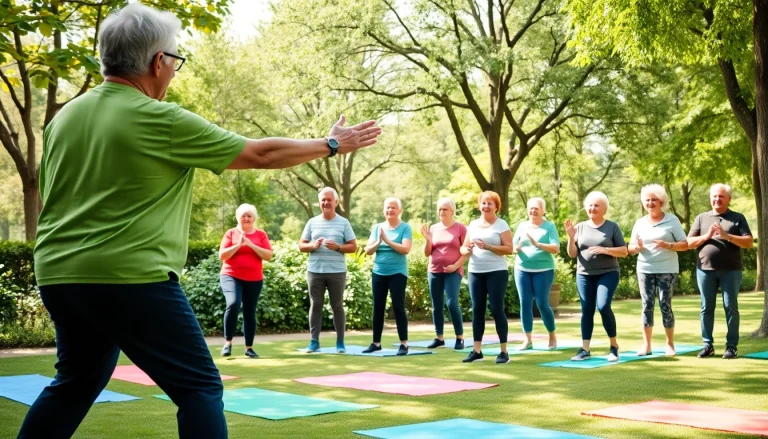 Senior fitness trainer Jersey City leading an outdoor exercise class for older adults in a vibrant park setting.