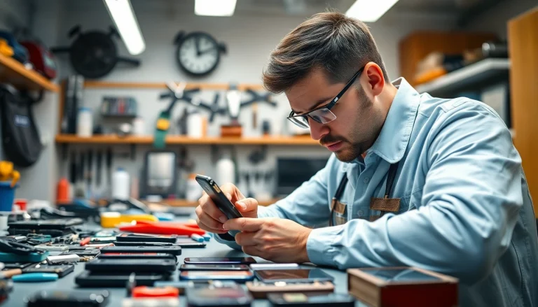 Riparazione cellulari a Torino con un professionista esperto in un laboratorio ordinato e luminoso.