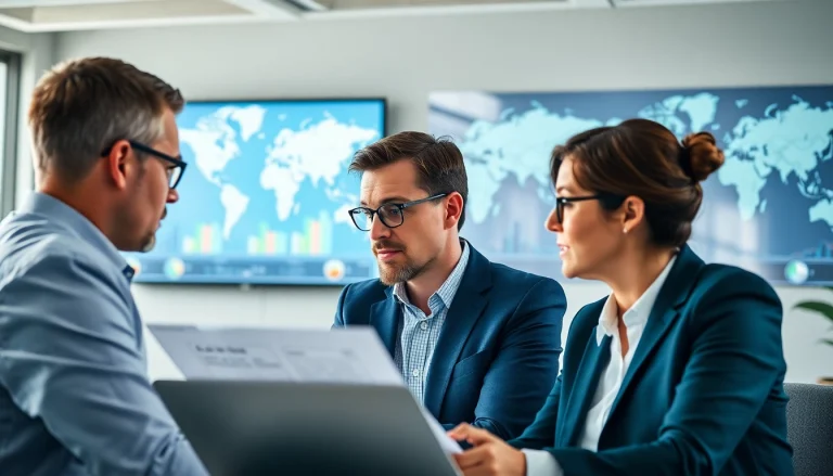 Experts discussing export tariffs with charts in a bright, modern office.