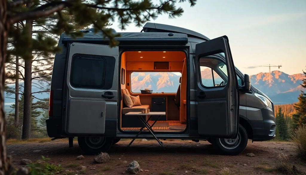 Relaxing camper van parked in nature, showcasing its inviting interior and beautiful scenery.
