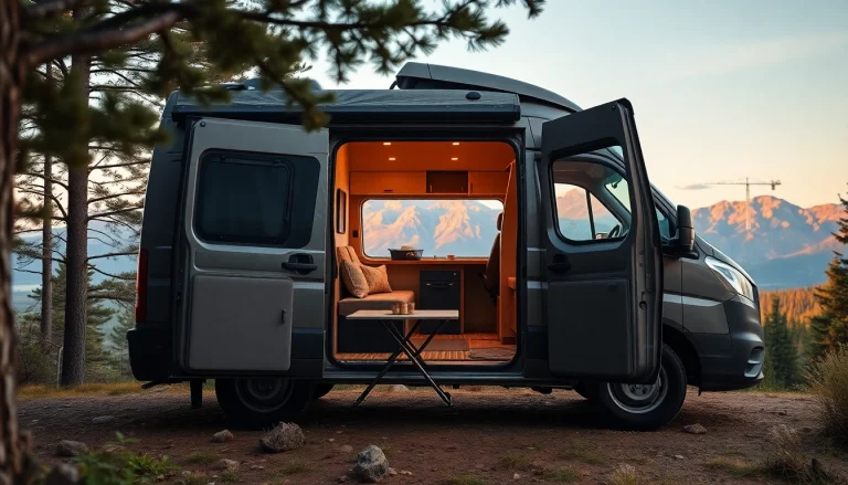Relaxing camper van parked in nature, showcasing its inviting interior and beautiful scenery.