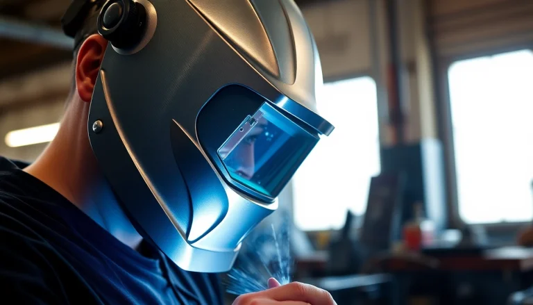 Welder wearing a speedglas welding helmet during an intricate welding task.