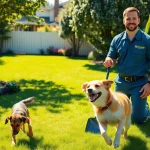 Weekly dog poop scooping service with a technician smiling in a sunny backyard.