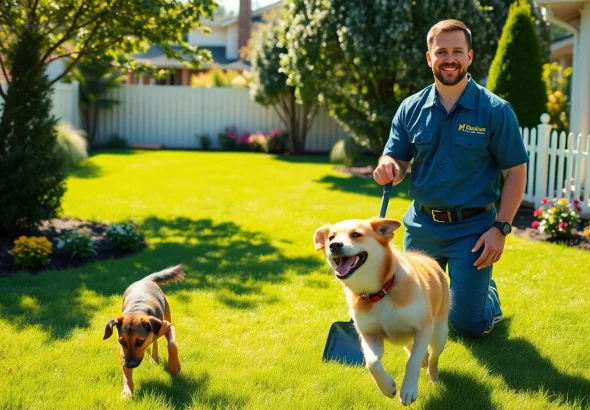 Weekly dog poop scooping service with a technician smiling in a sunny backyard.