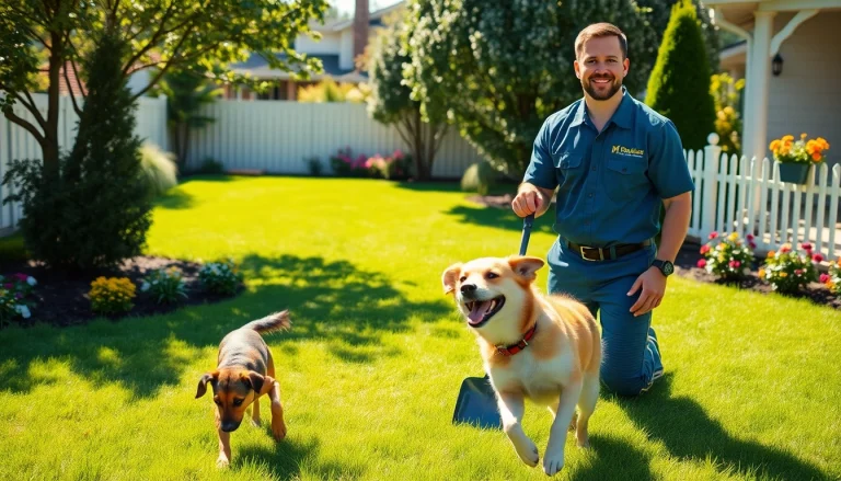Weekly dog poop scooping service with a technician smiling in a sunny backyard.