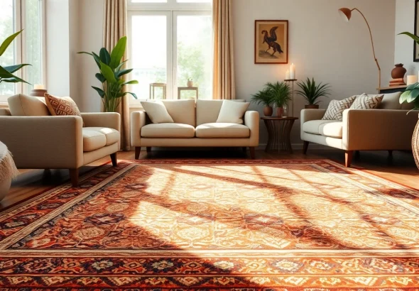 Admire the intricate Zemmour Vintage rugs in a cozy sunlit living room setting.