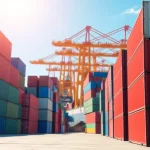 Visualizing export tariffs with shipping containers and a busy port environment.