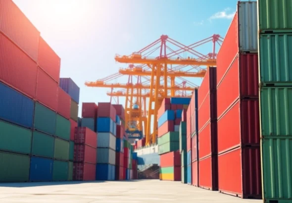 Visualizing export tariffs with shipping containers and a busy port environment.