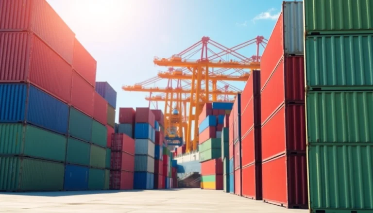 Visualizing export tariffs with shipping containers and a busy port environment.
