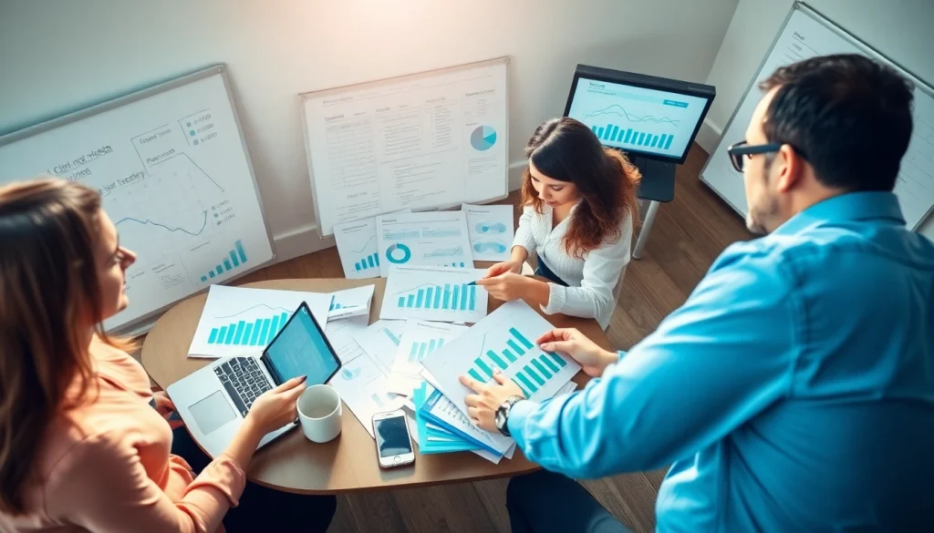 Engaged team conducting competitor pricing research in a professional office setting.