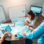 Engaged team conducting competitor pricing research in a professional office setting.