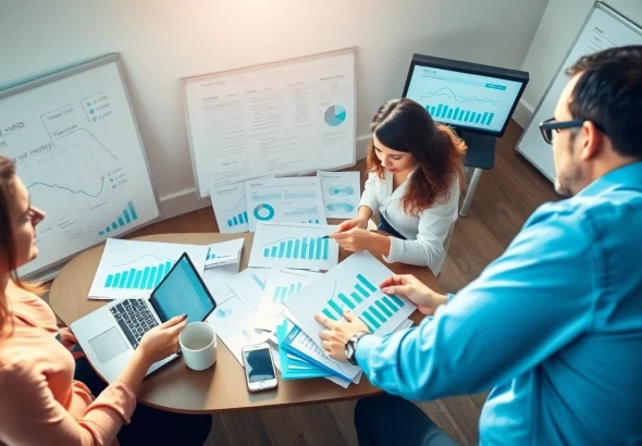 Engaged team conducting competitor pricing research in a professional office setting.