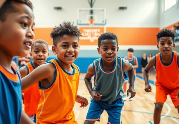 Young athletes displaying teamwork at Takeover Basketball Academy during practice.