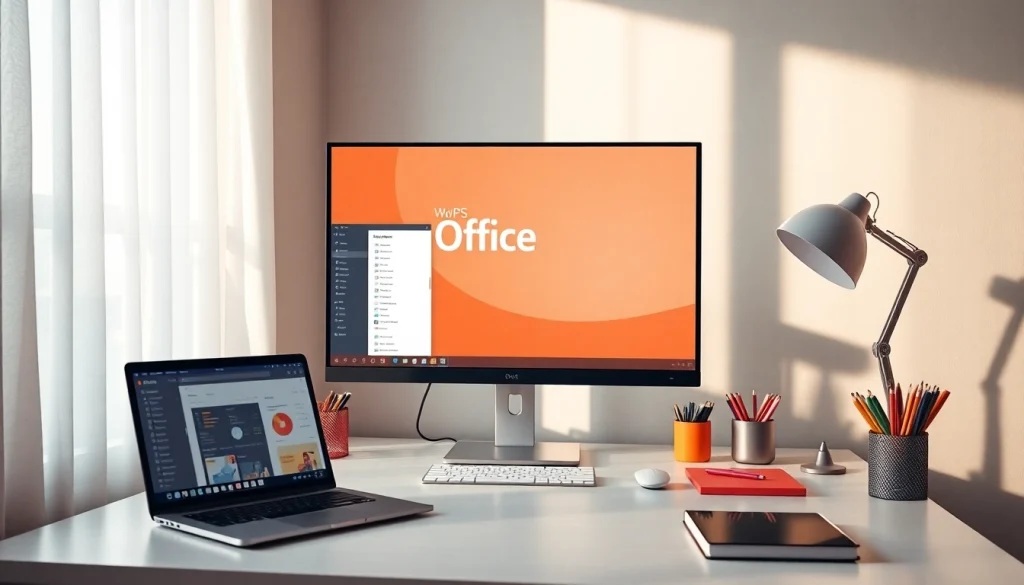 Experience seamless creativity with WPS Office下载, showcasing a vibrant home office desk setup.
