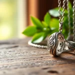 Showcasing silver jewelry with intricate designs against a natural setting.
