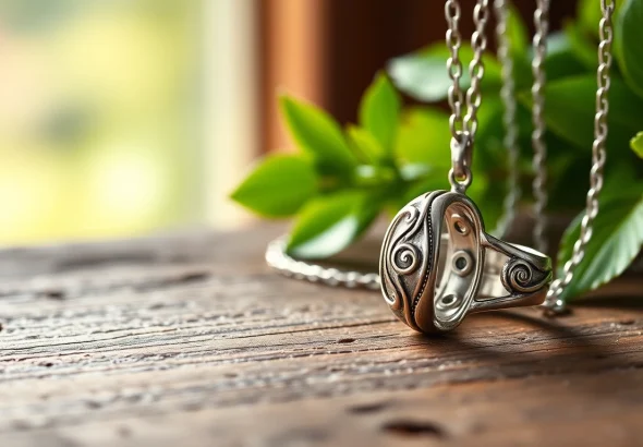 Showcasing silver jewelry with intricate designs against a natural setting.