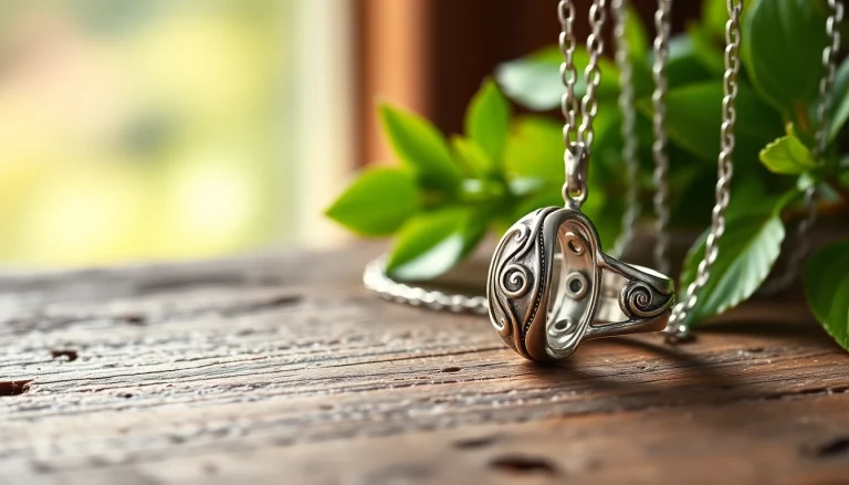 Showcasing silver jewelry with intricate designs against a natural setting.