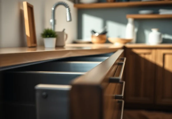 Showcase of a modern metal drawer system emphasizing quality and design in a kitchen setting.