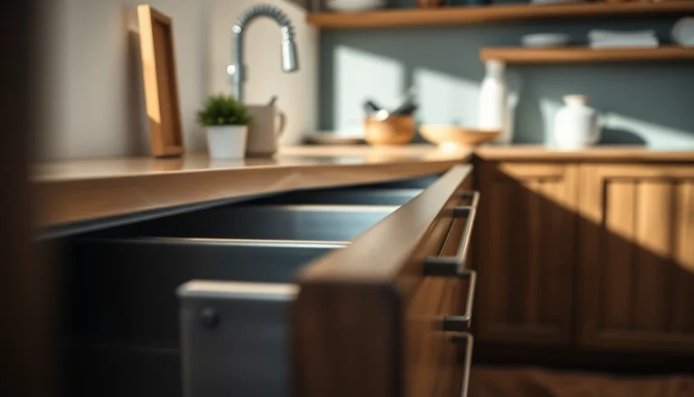 Showcase of a modern metal drawer system emphasizing quality and design in a kitchen setting.