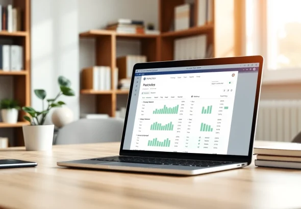 Evaluate content quality with a plagiarism detector tool on a laptop in a modern office.