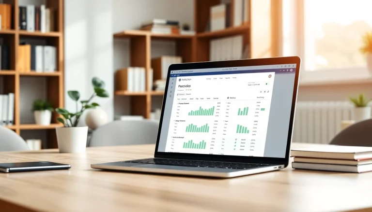 Evaluate content quality with a plagiarism detector tool on a laptop in a modern office.